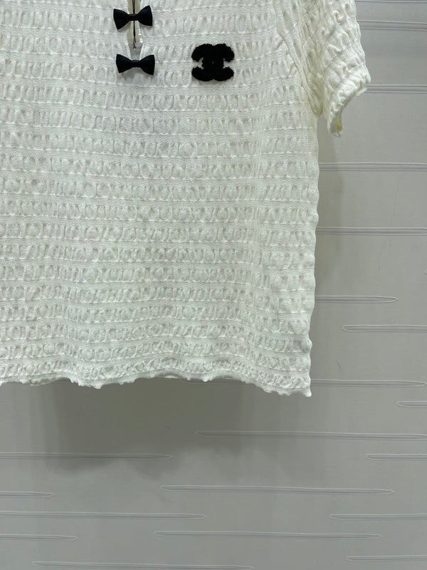 CC Bow-Tie Round Neck Knit Short-Sleeve Dress Set  White in Viscose 387003
