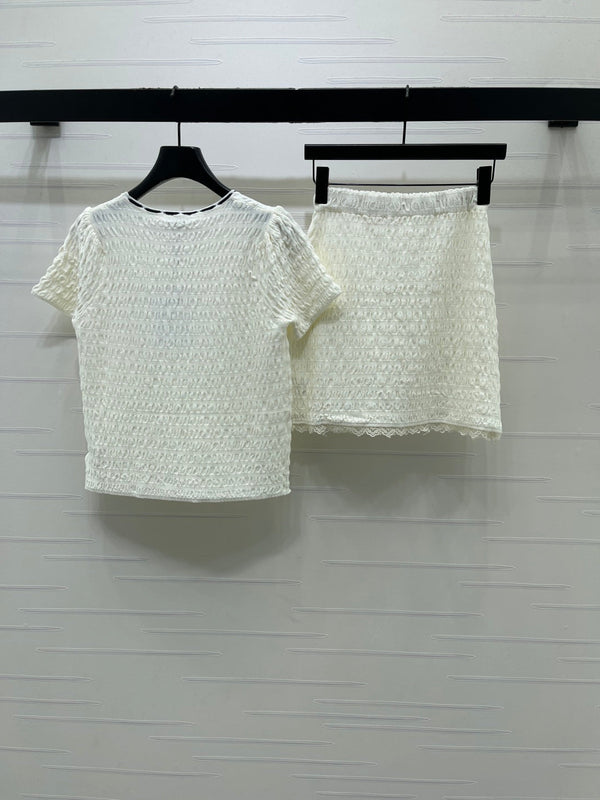 CC Bow-Tie Round Neck Knit Short-Sleeve Dress Set  White in Viscose 387003