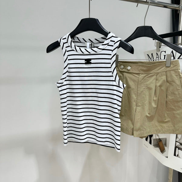CL Black and White Striped Halter Neck Vest in Cotton Silk Blend 385448