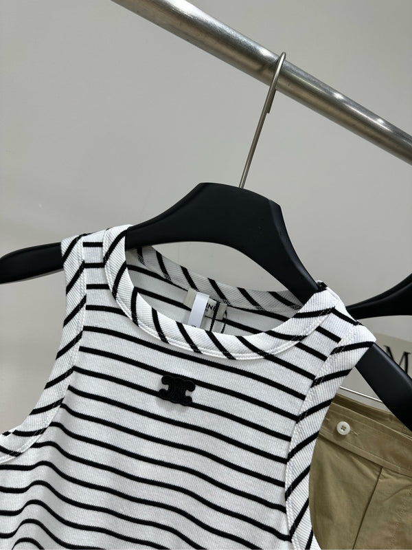 CL Black and White Striped Halter Neck Vest in Cotton Silk Blend 385448