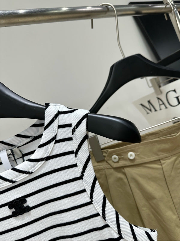 CL Black and White Striped Halter Neck Vest in Cotton Silk Blend 385448