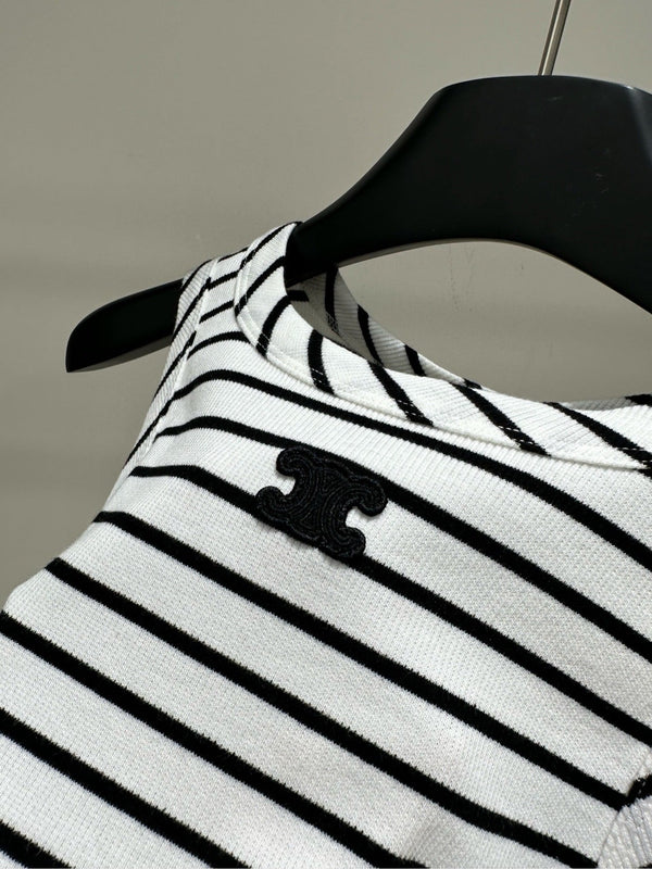 CL Black and White Striped Halter Neck Vest in Cotton Silk Blend 385448