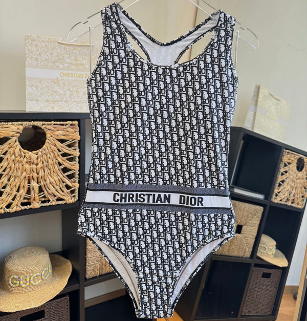 CD Oblique Print One-Piece Swimsuit Black in Polyamide 261388
