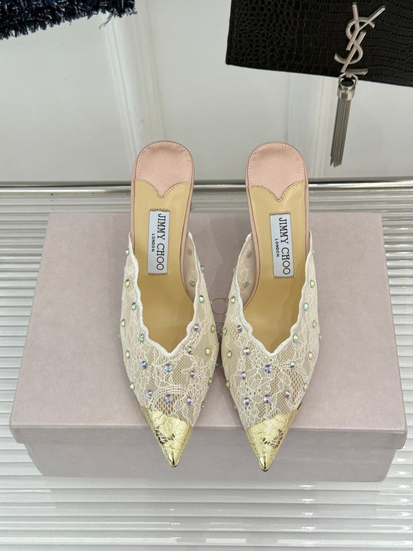 Jimmy Rhinestone Toe High-Heeled 10 Sandals Beige in Lace Metallic 803386