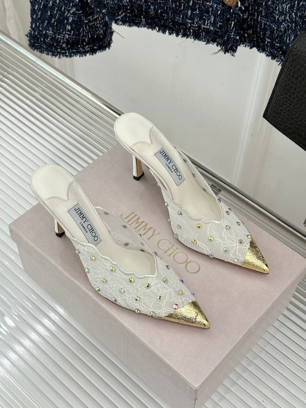 Jimmy Rhinestone Toe High-Heeled 10 Sandals White in Lace Metallic 803387