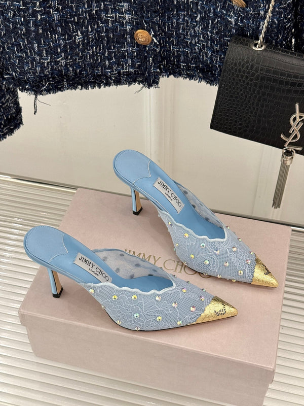 Jimmy Rhinestone Toe High-Heeled 10 Sandals Blue in Lace Metallic 803389