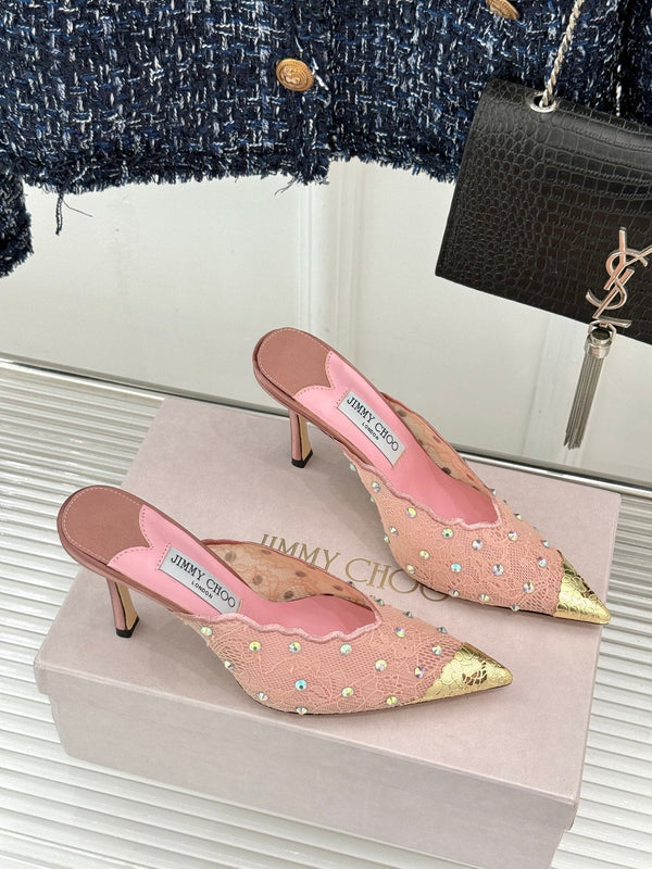 Jimmy Rhinestone Toe High-Heeled 10 Sandals Pink in Lace Metallic 803390