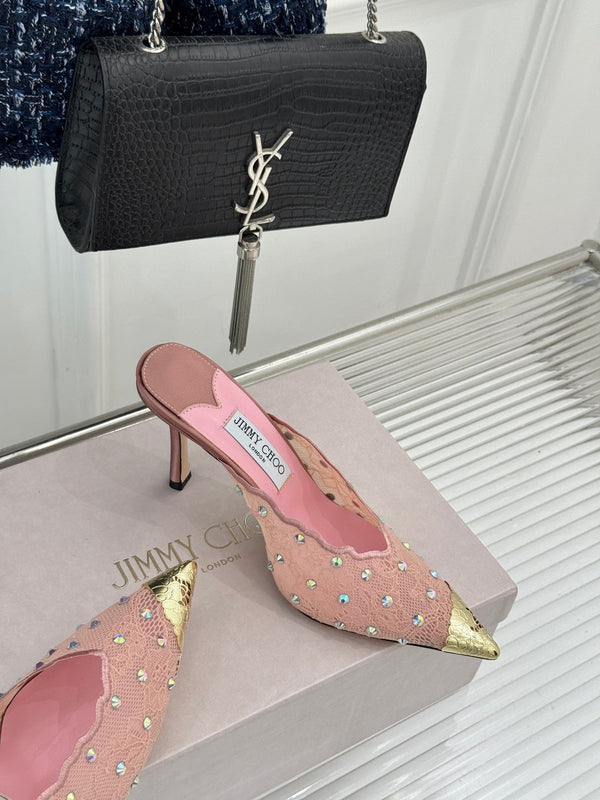 Jimmy Rhinestone Toe High-Heeled 10 Sandals Pink in Lace Metallic 803390