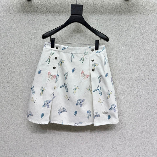 CD Printed Butterfly Midi Skirt White in Cotton 388395