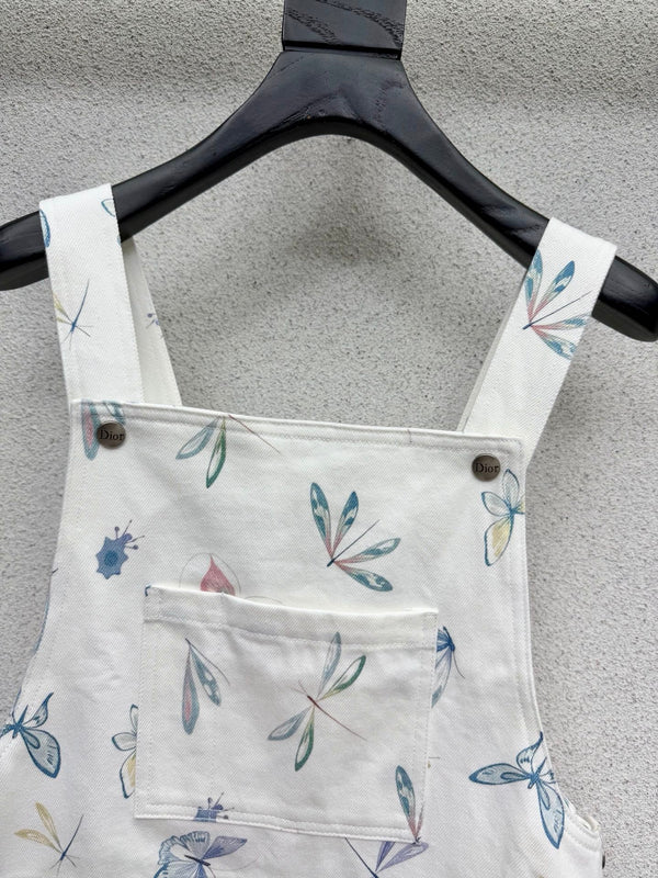 CD Printed Butterfly Overalls Dress White in Cotton 388392