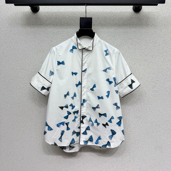 CD Blue Bow-print Short-sleeved Shirt in Cotton 388370