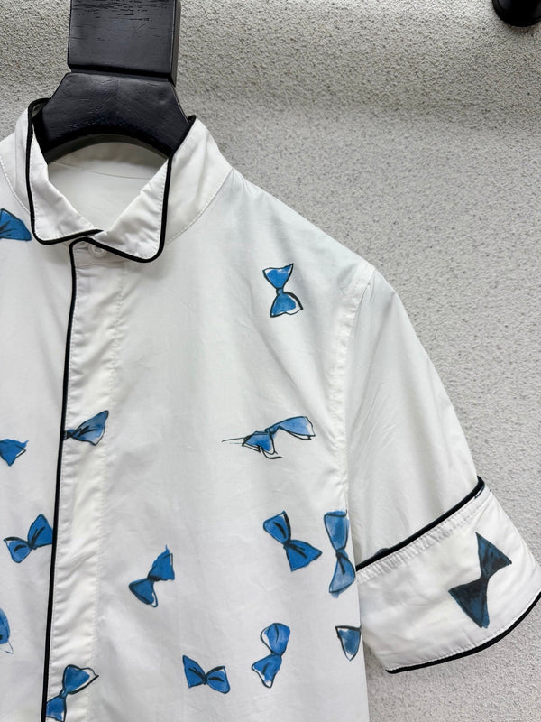 CD Blue Bow-print Short-sleeved Shirt in Cotton 388370