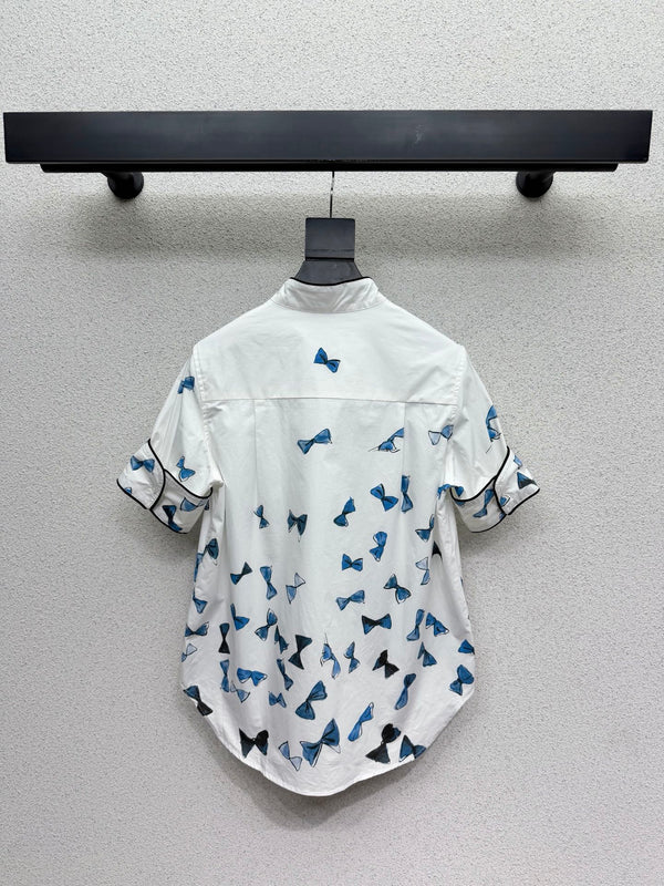 CD Blue Bow-print Short-sleeved Shirt in Cotton 388370