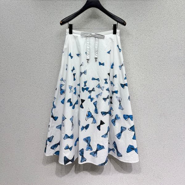 CD Blue Bow-print Short-sleeved Midi Skirt in Cotton 388378