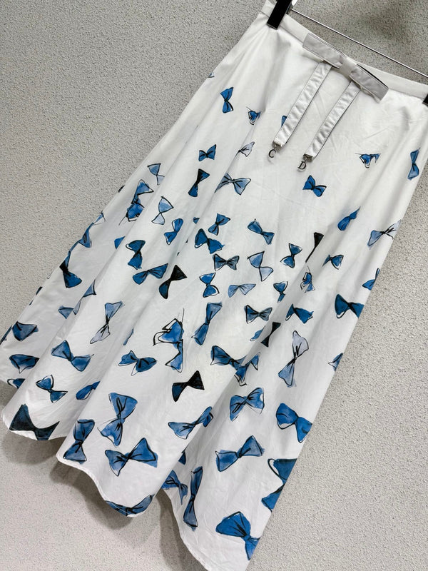 CD Blue Bow-print Short-sleeved Midi Skirt in Cotton 388378