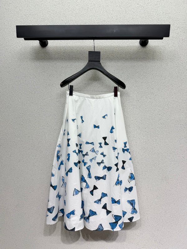 CD Blue Bow-print Short-sleeved Midi Skirt in Cotton 388378