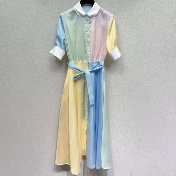 CD Color-blocked Striped Short-sleeved Dress in Polyester 388122