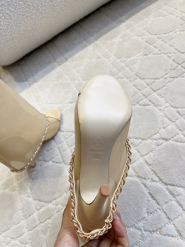 CC 26 Boots High-Heeled 95mm with Chain Beige in Mesh 808104