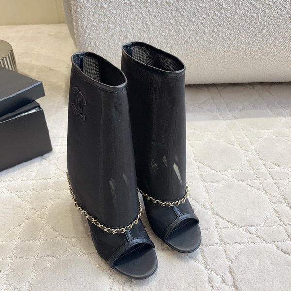 CC 26 Boots High-Heeled 95mm with Chain Black in Mesh 808103