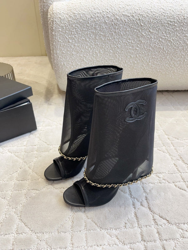 CC 26 Boots High-Heeled 95mm with Chain Black in Mesh 808103