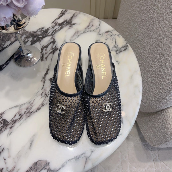CC 26 Rhinestone Chunky Heel Mules 45mm Black in Mesh 808120