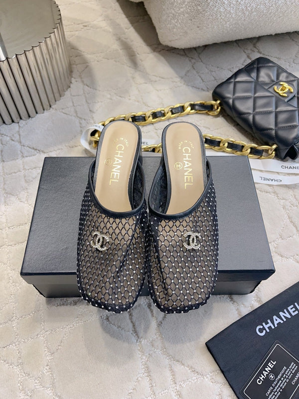CC 26 Rhinestone Chunky Heel Mules 45mm Black in Mesh 808120