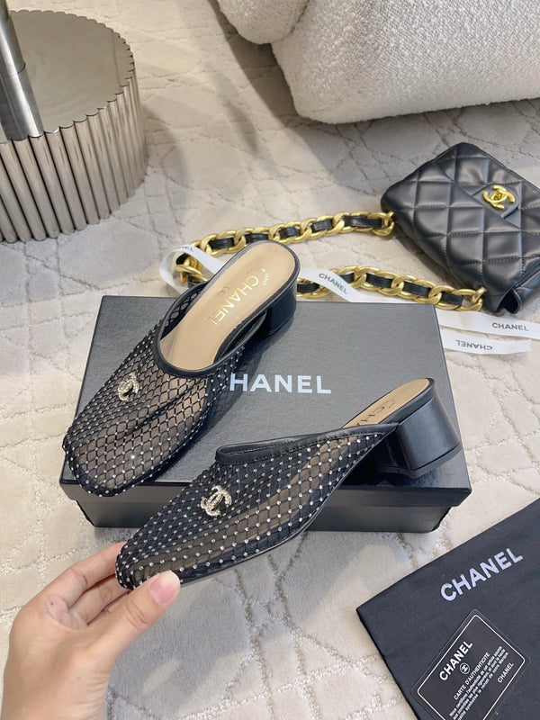 CC 26 Rhinestone Chunky Heel Mules 45mm Black in Mesh 808120