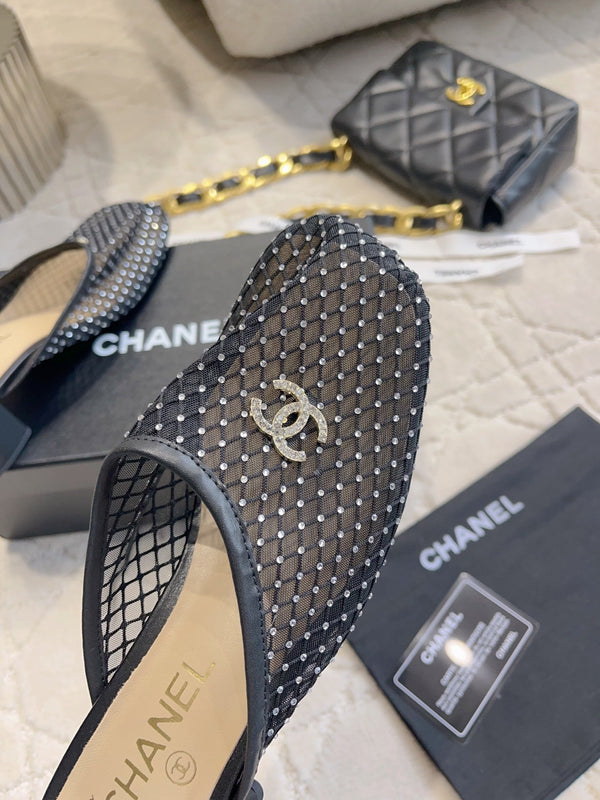 CC 26 Rhinestone Chunky Heel Mules 45mm Black in Mesh 808120