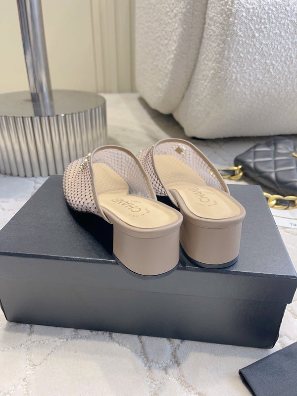 CC 26 Rhinestone Chunky Heel Mules 45mm Nude Pink in Mesh 808122