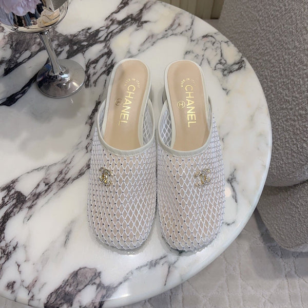 CC 26 Rhinestone Chunky Heel Mules 45mm White in Mesh 808123