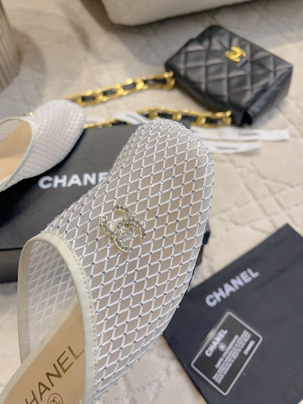 CC 26 Rhinestone Chunky Heel Mules 45mm White in Mesh 808123