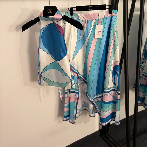 Pucci Color-blocked Printed Vest Top + irregular Slit High-waisted Skirt in 454900