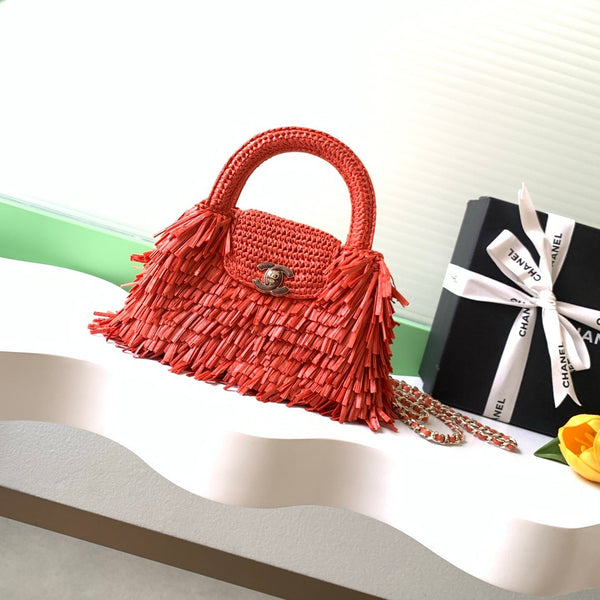 CC 2026 Mini Shopping Bag Red Raffia Fringe 289607