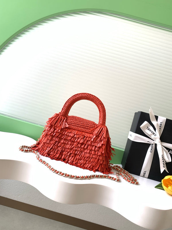 CC 2026 Mini Shopping Bag Red Raffia Fringe 289607