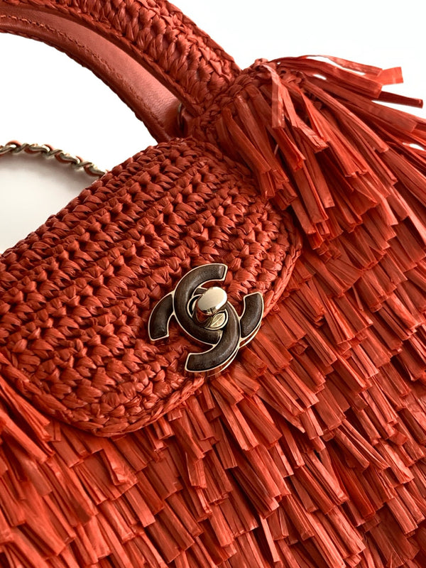 CC 2026 Mini Shopping Bag Red Raffia Fringe 289607