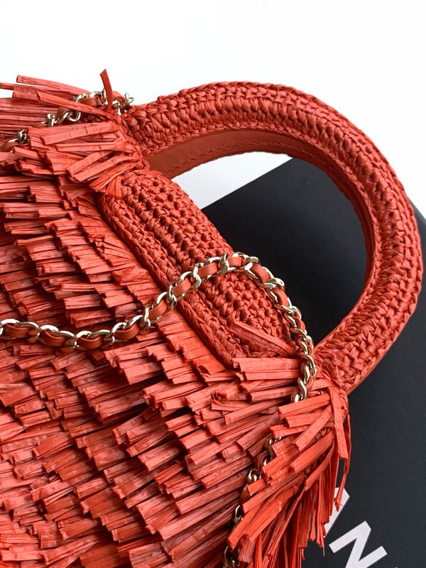 CC 2026 Mini Shopping Bag Red Raffia Fringe 289607
