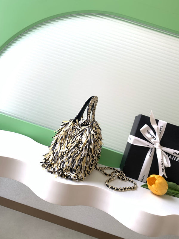CC 2026 Mini Shopping Bag Beige Black White Raffia Fringe 289605