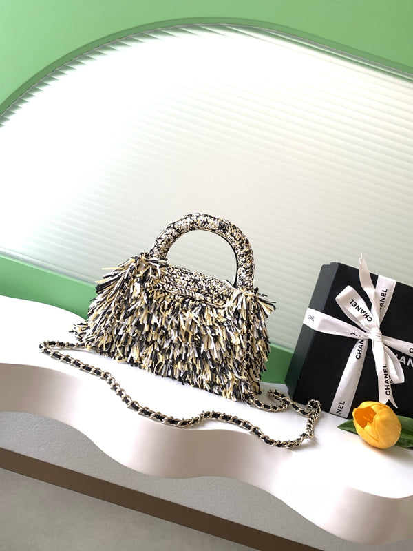 CC 2026 Mini Shopping Bag Beige Black White Raffia Fringe 289605