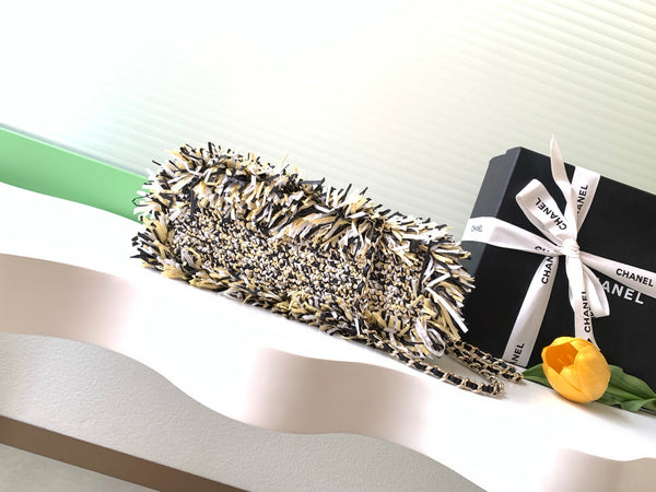 CC 2026 Mini Shopping Bag Beige Black White Raffia Fringe 289605