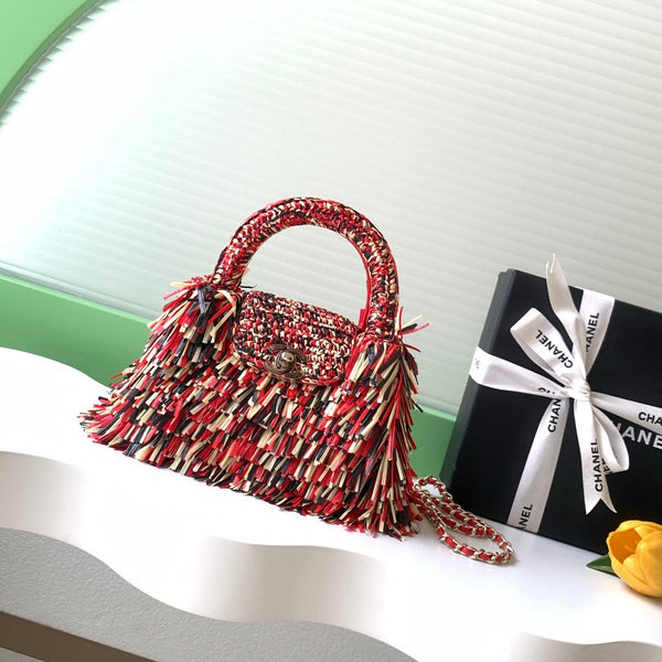 CC 2026 Mini Shopping Bag Red Beige Black Raffia Fringe 289603