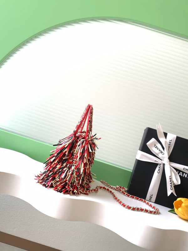 CC 2026 Mini Shopping Bag Red Beige Black Raffia Fringe 289603