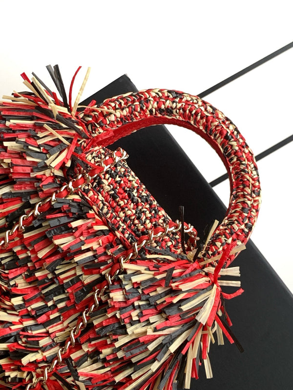 CC 2026 Mini Shopping Bag Red Beige Black Raffia Fringe 289603