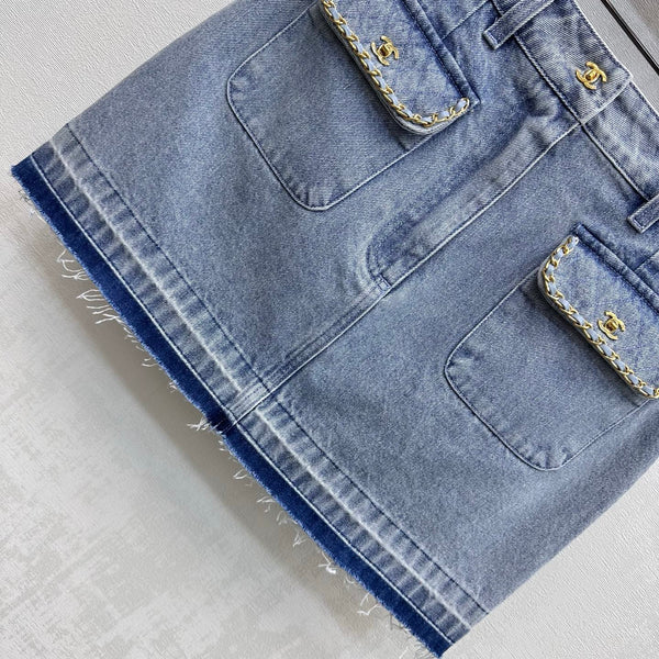 CC 26 Fringe-Edge Denim Midi Skirt Blue in Cotton 389542