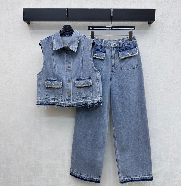 CC 26 Fringe-Edge Denim Pants Blue in Cotton 389540