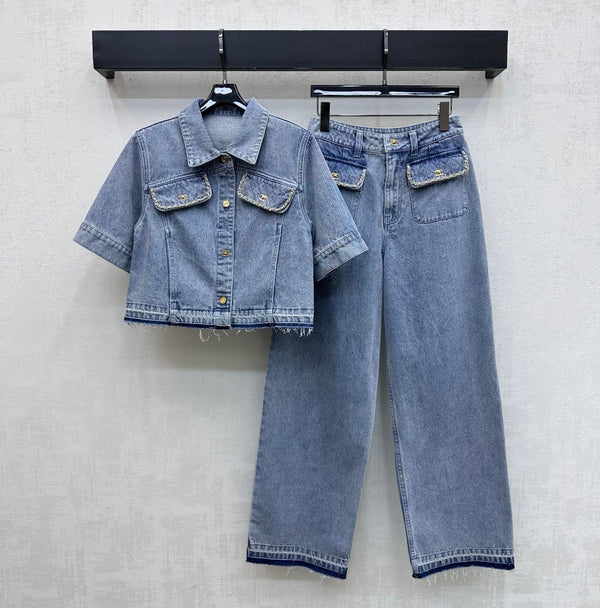 CC 26 Fringe-Edge Denim Pants Blue in Cotton 389540