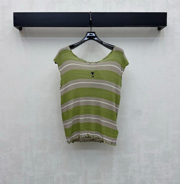 CD 26 Striped Flutter Sleeve Crew Neck Knit Top Green in Acrylic 389638