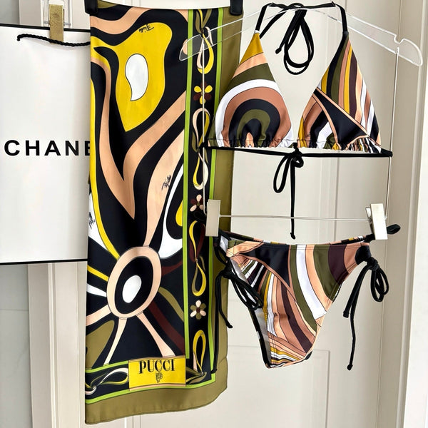 Pucci 3-Piece Swimwear Set Khaki Black White Marmo Print 228095