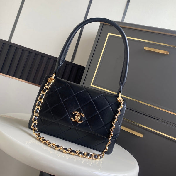 CC Mini Flap Top Handle Bag 25cm Black Lambskin