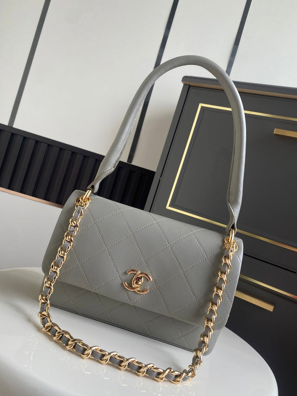 CC Mini Flap Top Handle Bag 25cm Light Grey Lambskin