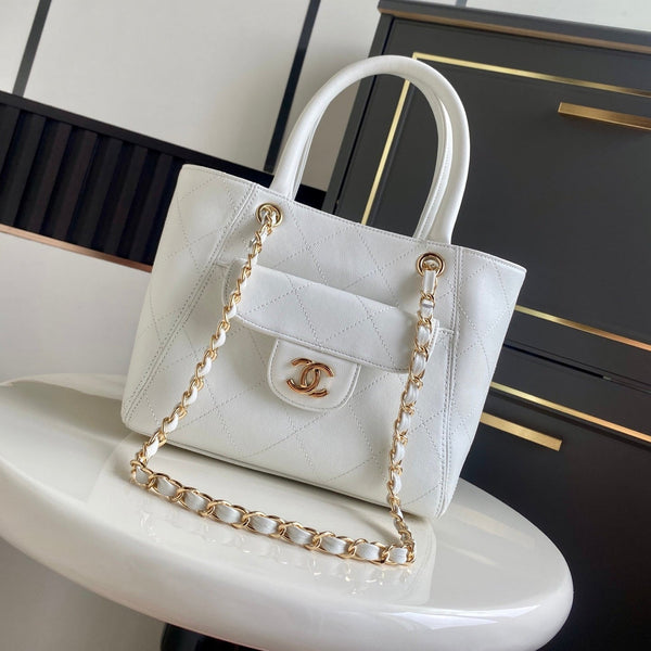 CC Tote Bag 25cm White Caviar Cowhide